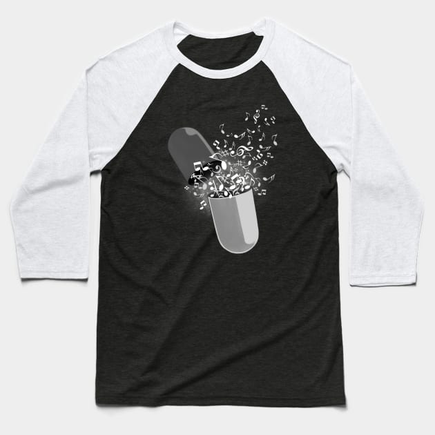 Music Pill Baseball T-Shirt by angrymonk